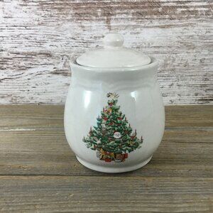 Christmas Tree Stoneware Sugar Bowl With Lid 4.25" Tall Made In China
